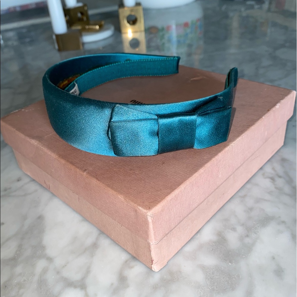 Miu Miu bow headband satin turquoise/emerald